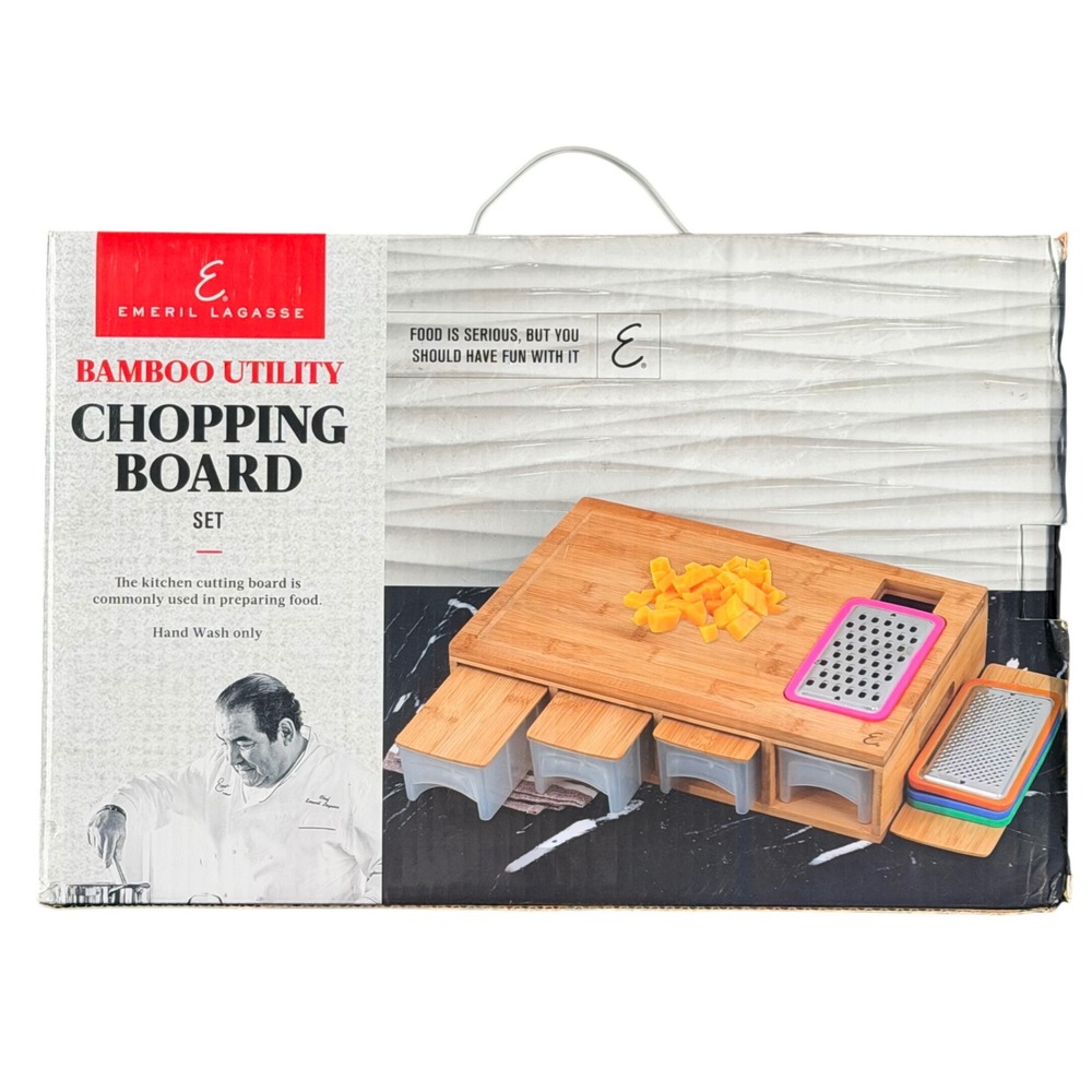 Emeril Lagasse Bamboo Chopping Board Set New 16x11.5 Wood Utility Grater